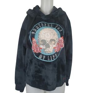 Peace Love World Hooded Black Skull Roses Tie Dye Women's Athletic Sweater S